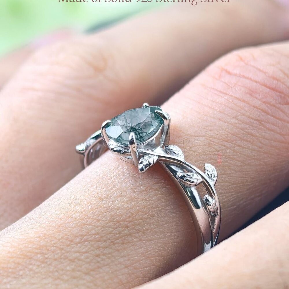Natural Moss Agate Ring 925 Sterling Silver Opal Birthstone Ring 925 Sterling Si - Picture 3 of 6